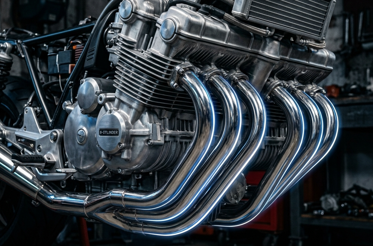 6本の巨大なエキゾーストパイプが連なる空冷直列6気筒エンジン（CBX1000など）の迫力と金属の輝きを示す画像