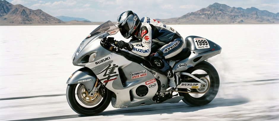 ボンネビルを走るメガスポーツバイク（ハヤブサ等）