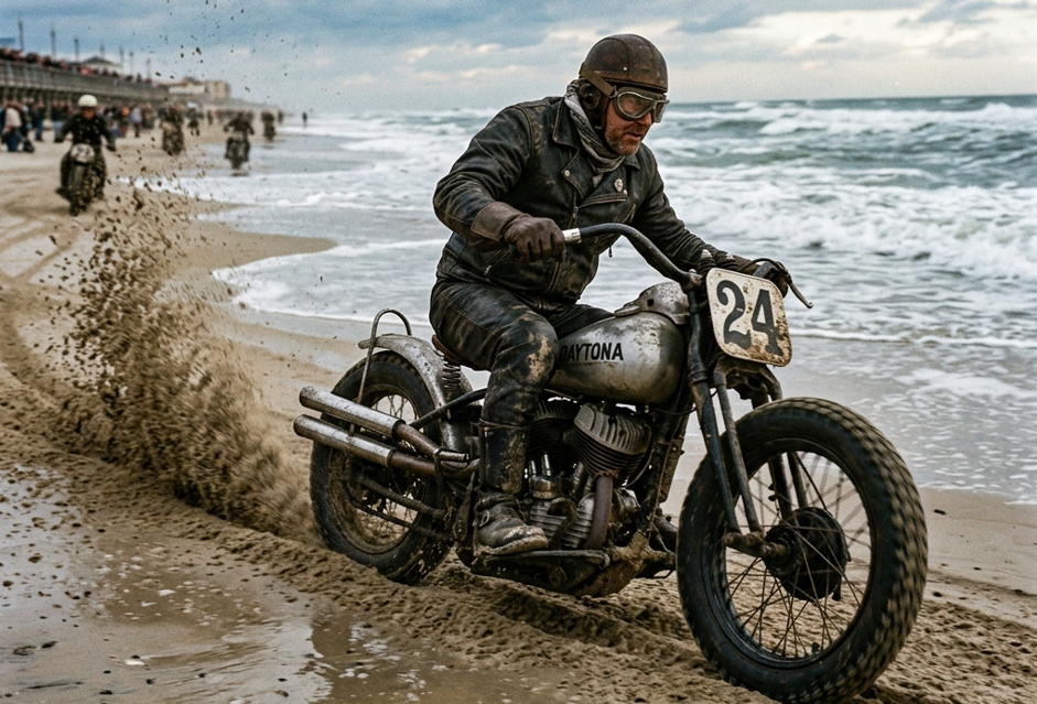 1950年代のデイトナビーチを爆走するビンテージ・アメリカンツイン