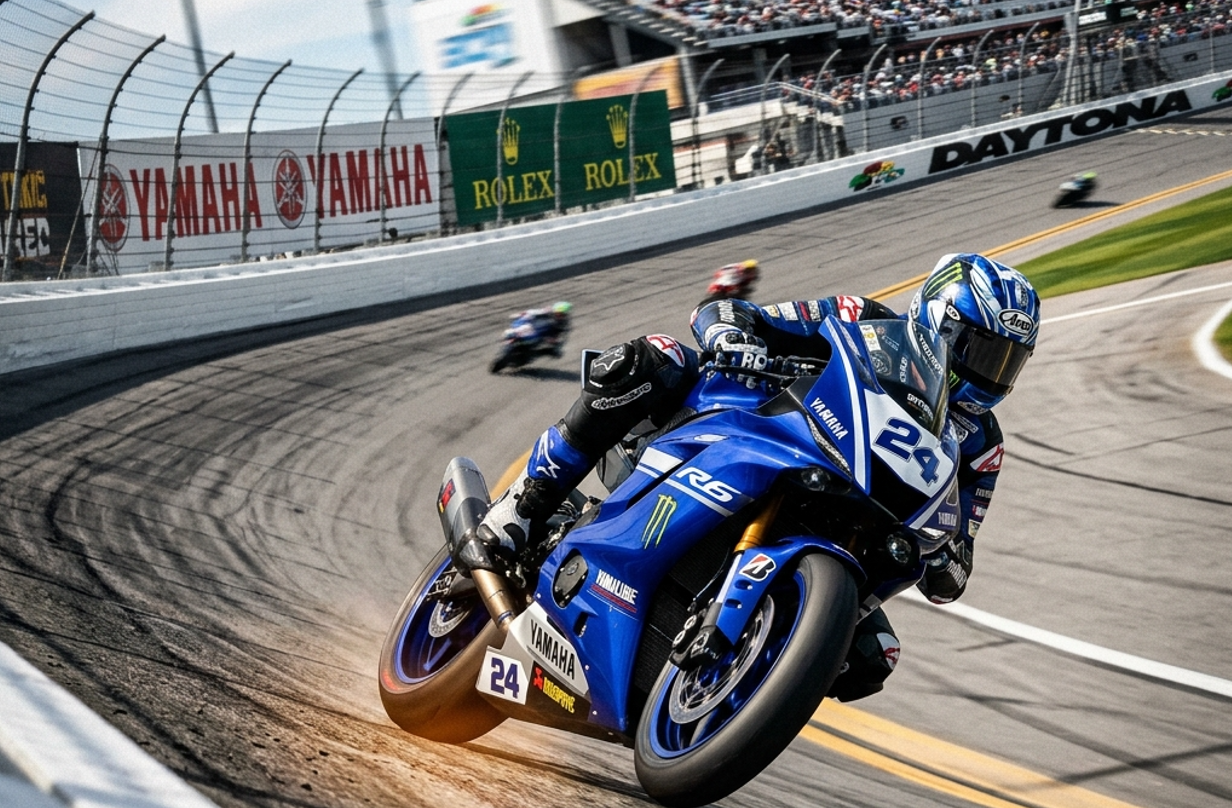 現代のデイトナ200を疾走する600ccスーパースポーツマシン