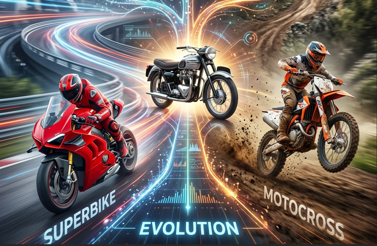 初期の公道レースから専用サーキット、そしてスタジアムのエンターテインメントへと枝分かれしていくモータースポーツ進化の歴史を示す系譜図