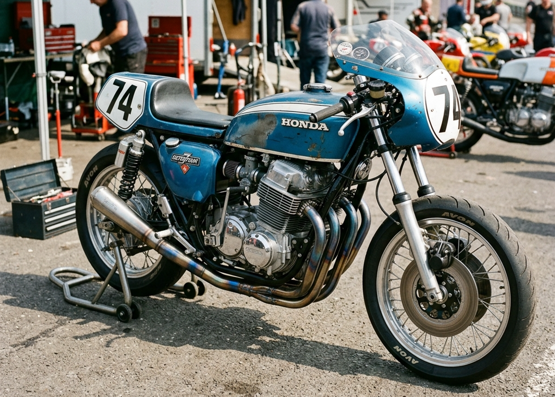 手曲げ集合管を装着したCB750FOURレーサー