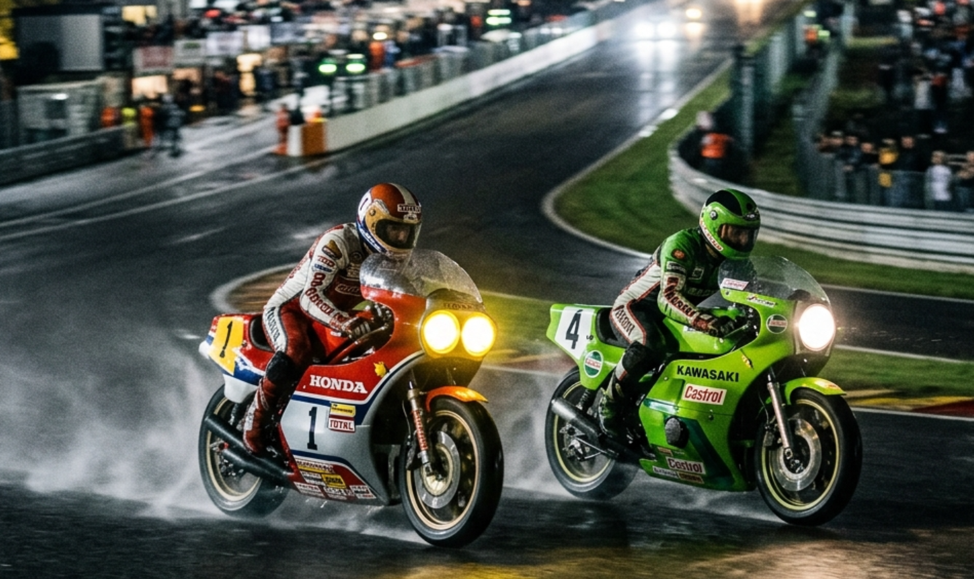 夜間を疾走するホンダRCB1000とカワサキKR1000の死闘