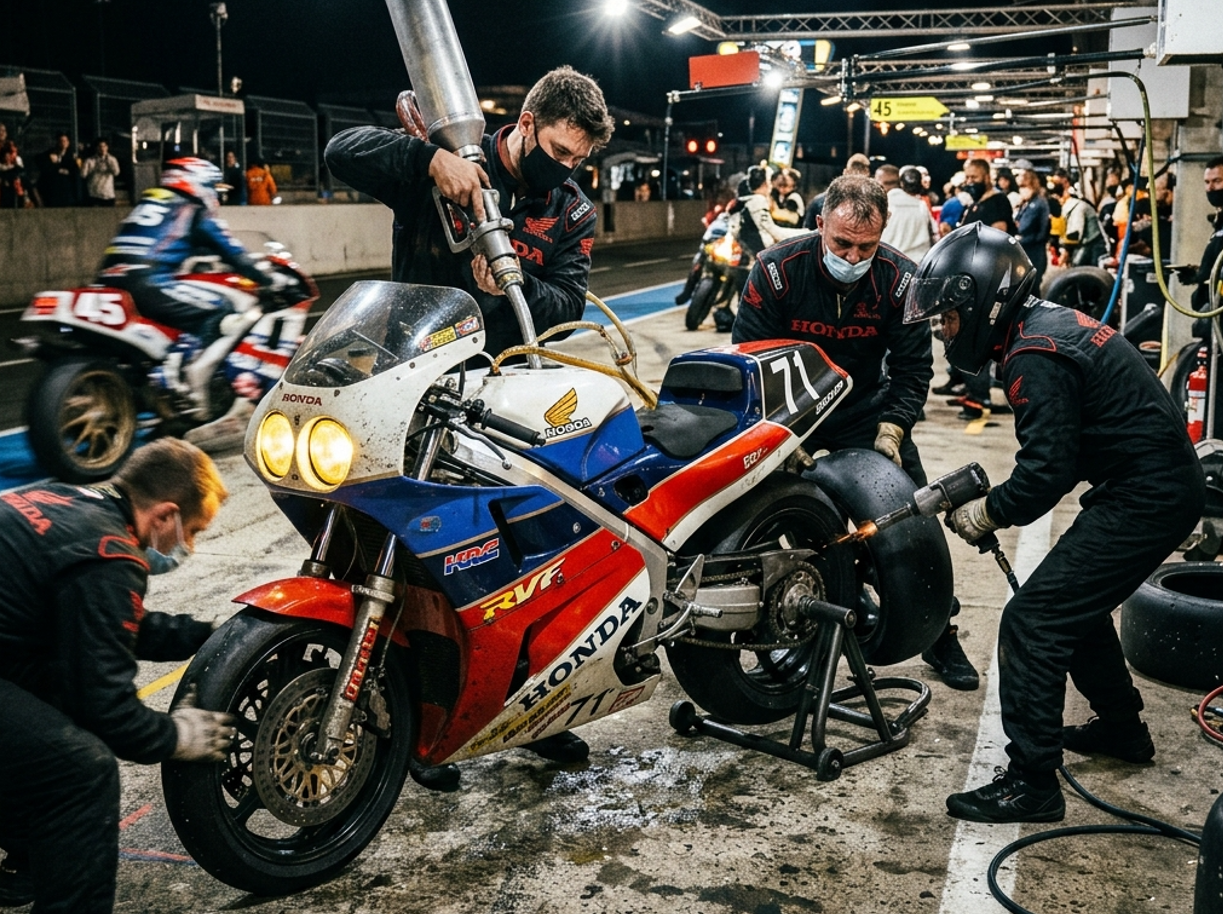夜間のピットでプロアームのタイヤ交換を受けるRVF750