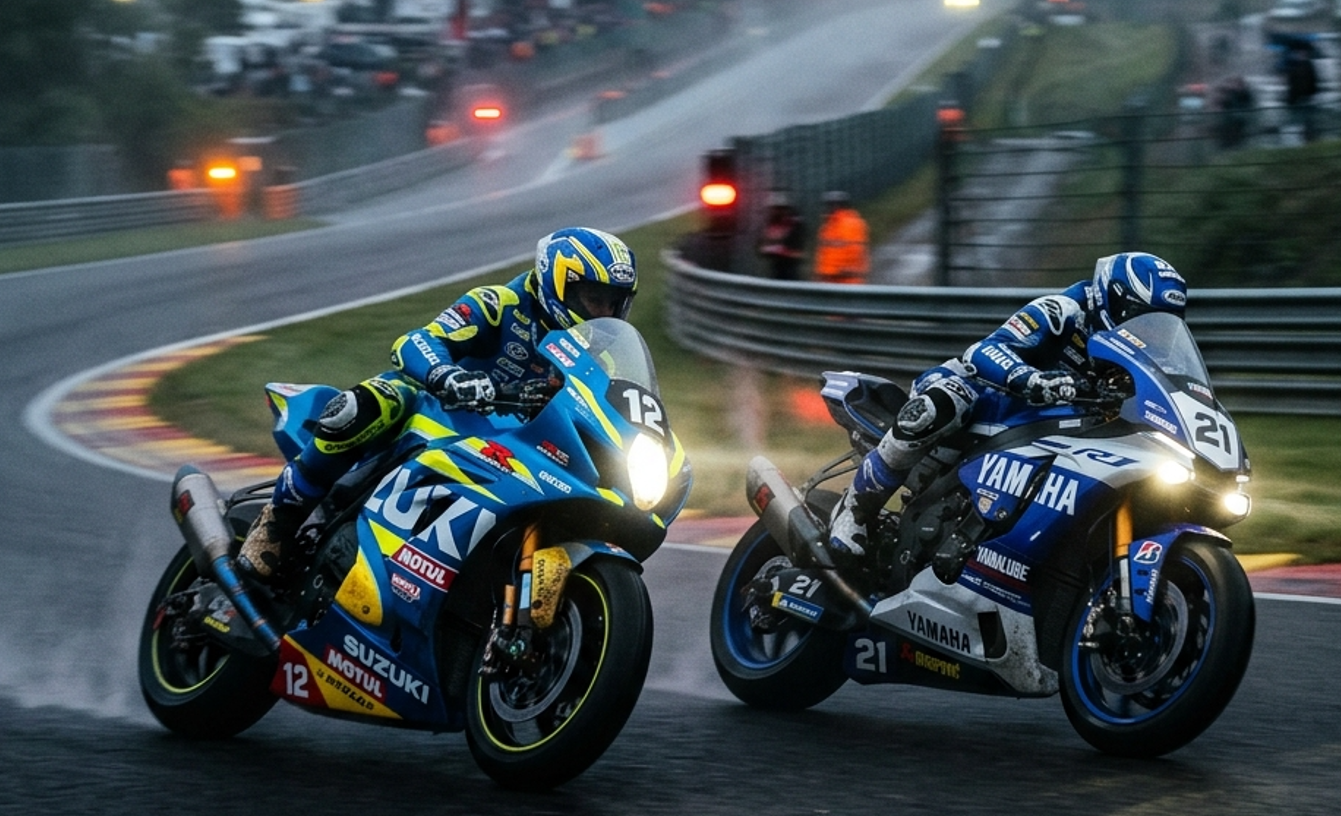 朝靄のコースを疾走するスズキGSX-R1000とヤマハYZF-R1