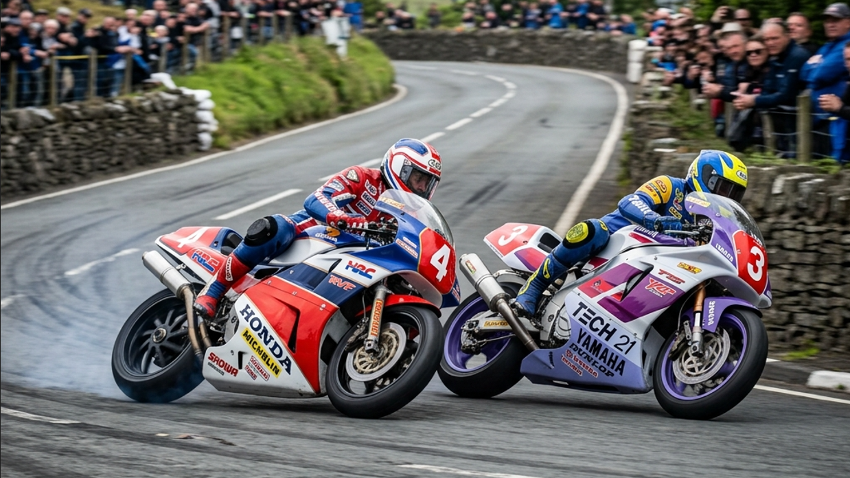 マン島を駆けるHonda RVF750（ジョイ・ダンロップ）とライバル