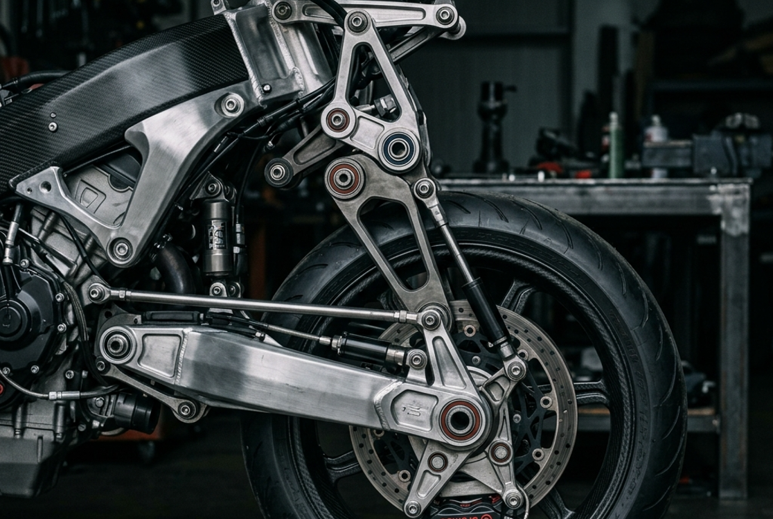 複雑なリンクとアームで構成されたBimota Tesiのハブセンターステアリング機構