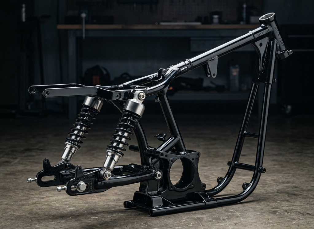 リアルな金属の質感を持つ、ツインショックを備えたKモデルフレーム単体のスタジオショット