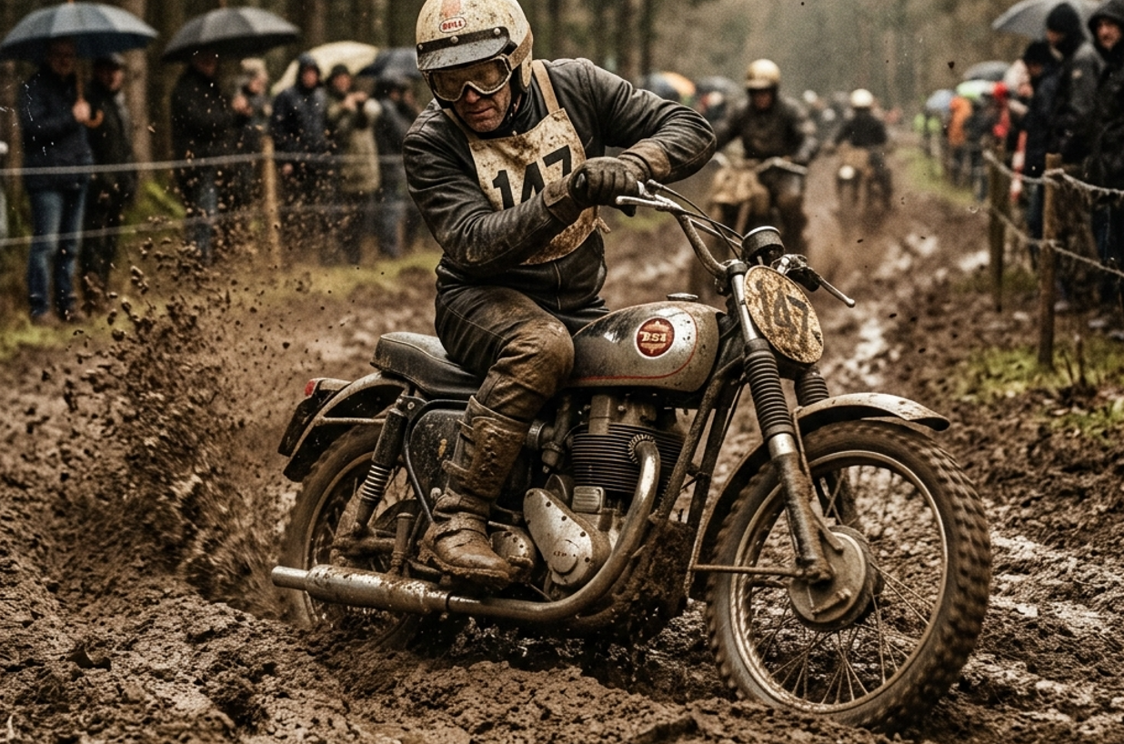 1960年代、深い泥の轍を疾走するBSAやハスクバーナのビンテージモトクロッサー