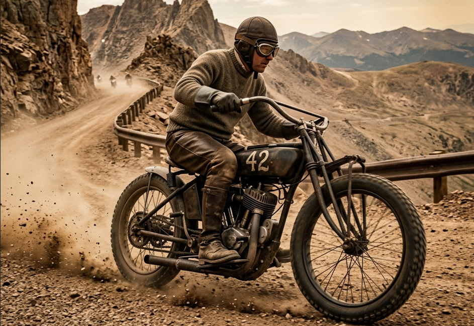 初期のダート路面を駆け上がるビンテージVツインレーサー