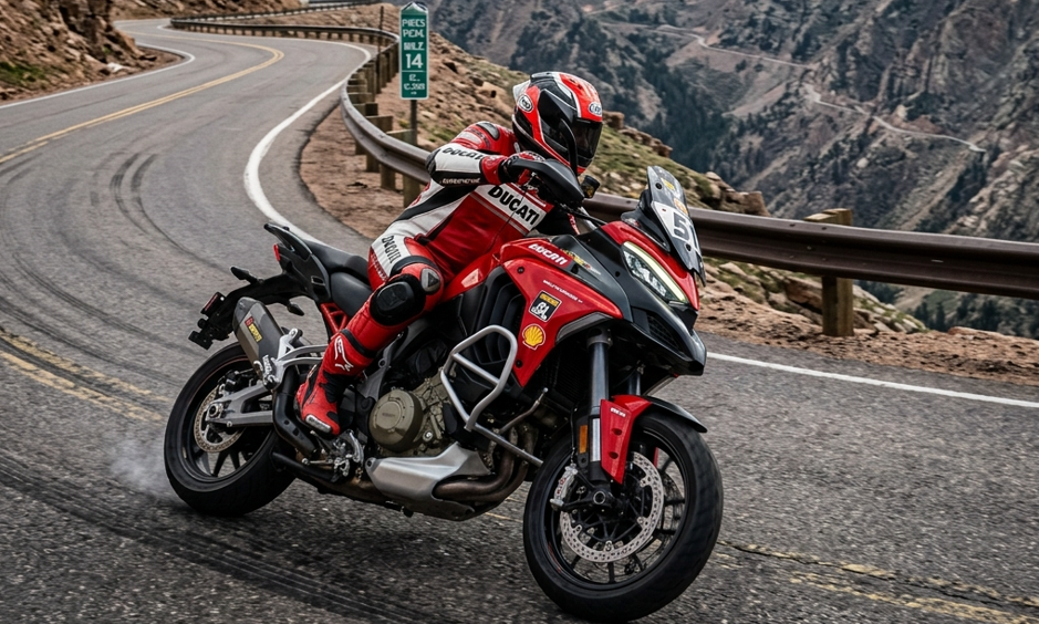 舗装路とダートの混在路面を攻めるアドベンチャーバイク（ムルティストラーダ等）