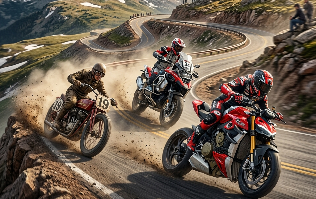 パイクスピーク・ヒルクライムの各時代（トラッカー・アドベンチャー・ハイパーネイキッド）を代表する名機たちの競演