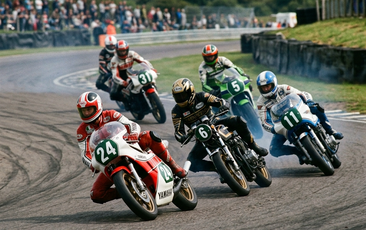 1980年代前半、カウルを持たないネイキッドバイクや初期の2ストロークマシンが混走する様子
