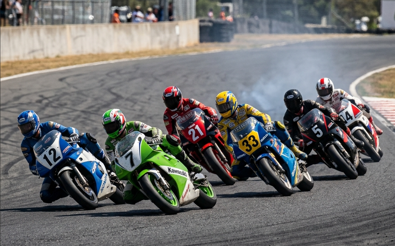 1990年代初頭、鈴鹿サーキットのシケインに密集して飛び込むSP400とSP250のマシン群