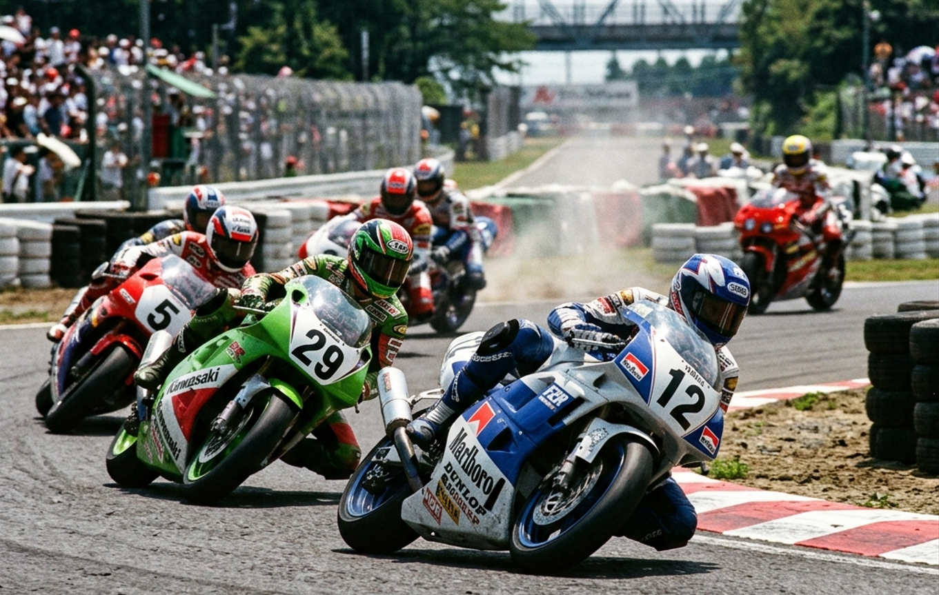 陽炎が揺らめく鈴鹿サーキットを疾走する400ccスポーツバイク