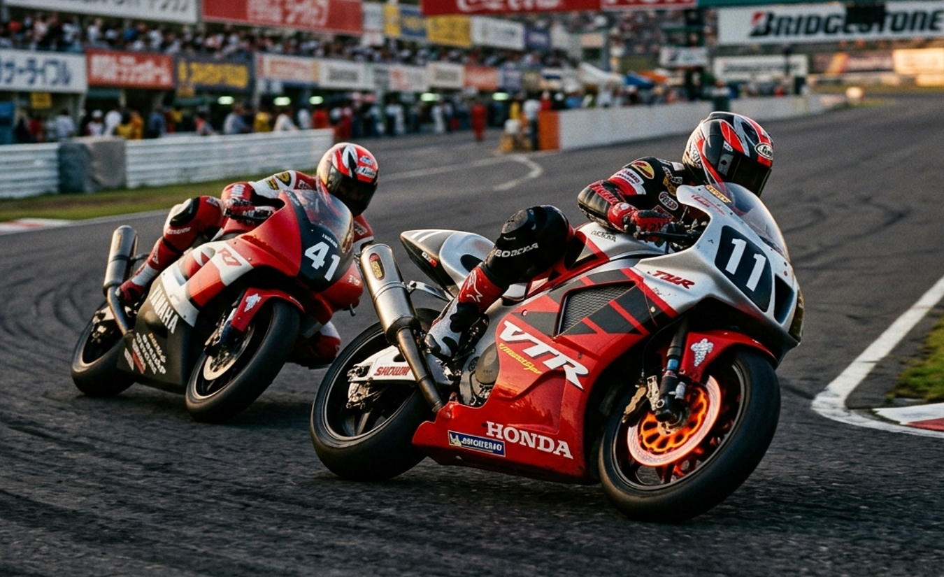 夕闇のコーナーを攻めるVTR1000SPWとYZF-R7