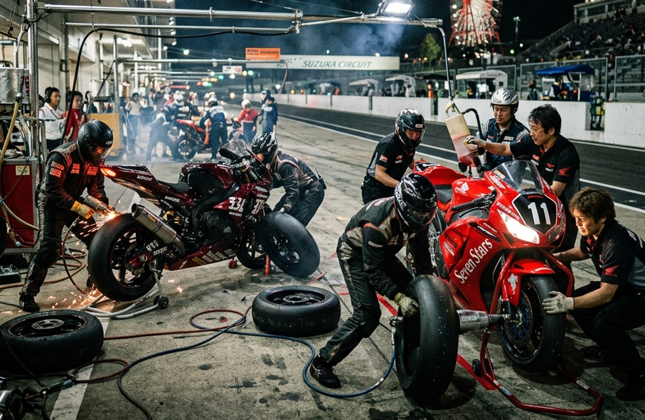夜間のピットで激しいタイヤ交換を行うCBR1000RRとGSX-R1000