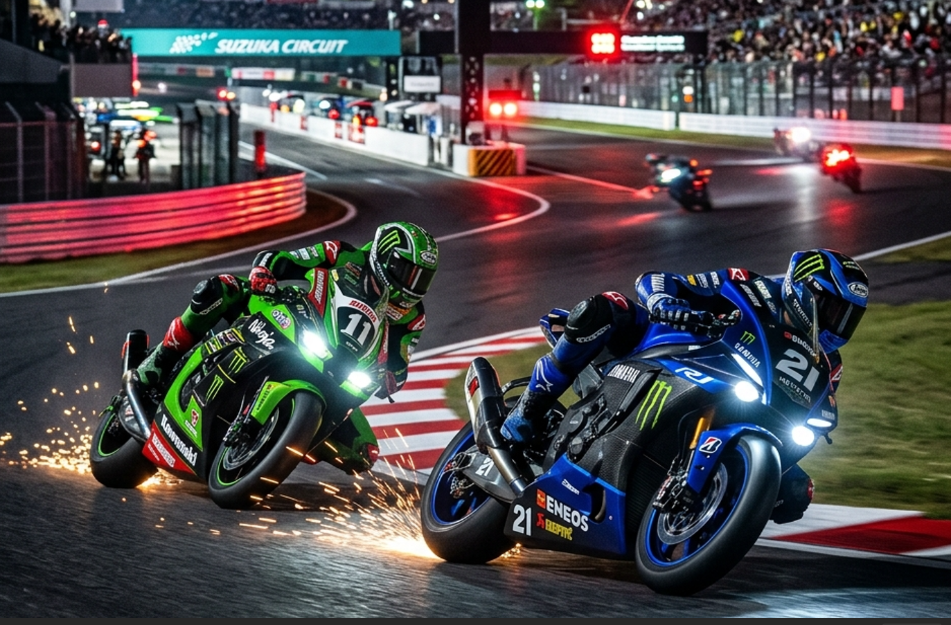 最新のエアロパーツを装着したYZF-R1とNinja ZX-10RRの夜間走行