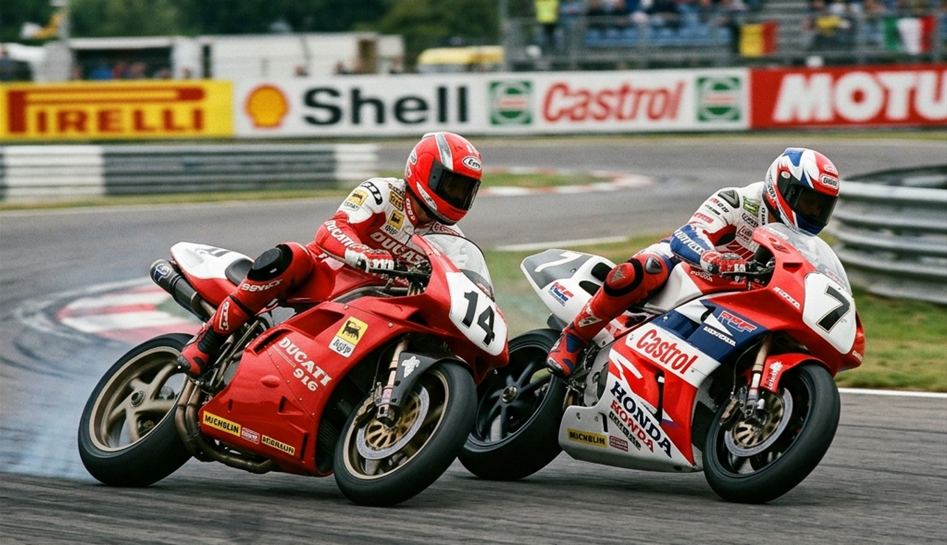 1990年代初頭、鈴鹿サーキットでバトルを繰り広げるRC30やOW01、ドゥカティ851